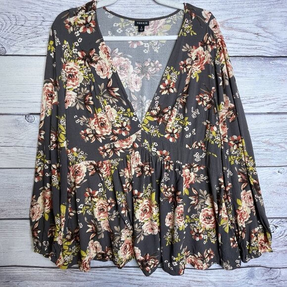 Torrid Floral Blouse - Gray and Pink - Picture 1 of 12